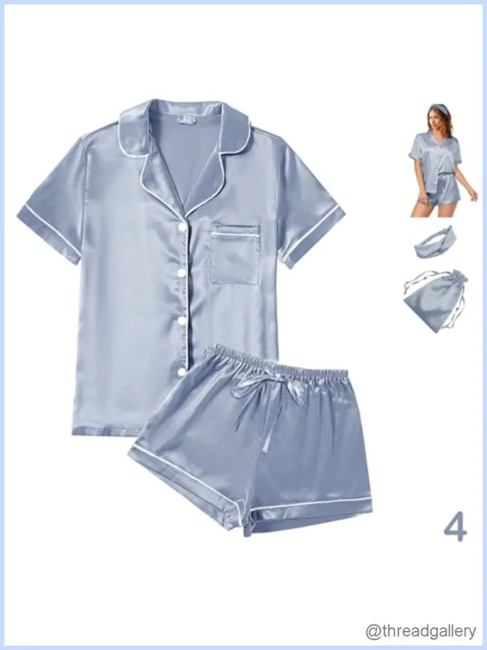 Satin Silky Pajama Set Short Sleeve Shirt & Shorts with Headband